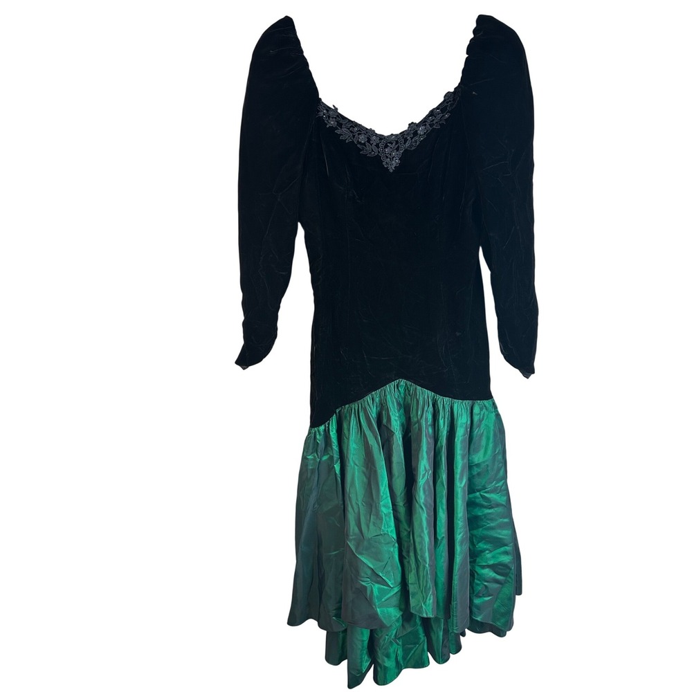 Vintage 80's Prom Black Green Velvet Taffeta Lace Bow Cocktail Dress Size Small